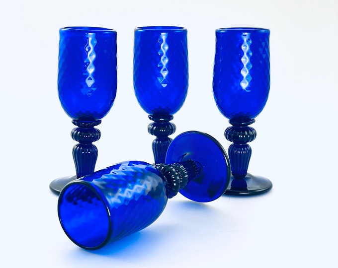 Dark Cobalt Blue Hand Blown Wine Glass Set of Four by Jonathan Winfisky