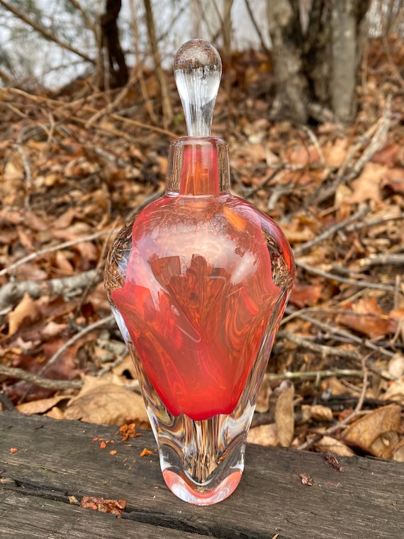Hand Blown Glass Perfume Bottle Bright Red/orange Overlay by