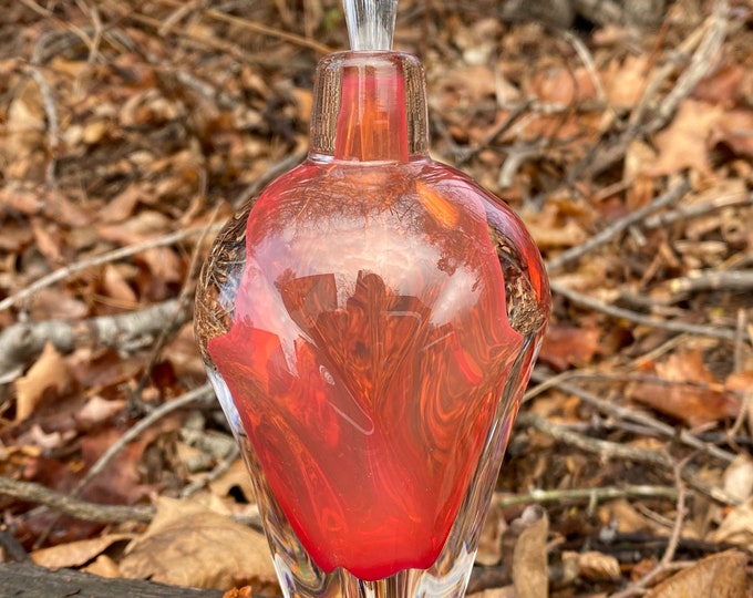 Hand Blown Glass Perfume Bottle - Bright Red/Orange Overlay  by Jonathan Winfisky