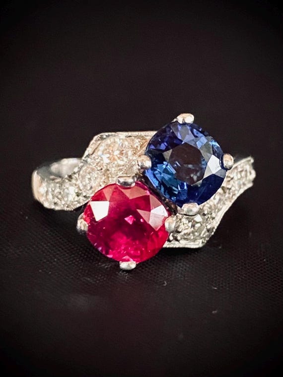 Antique Platinum Diamond Sapphire Ruby Engagement… - image 1