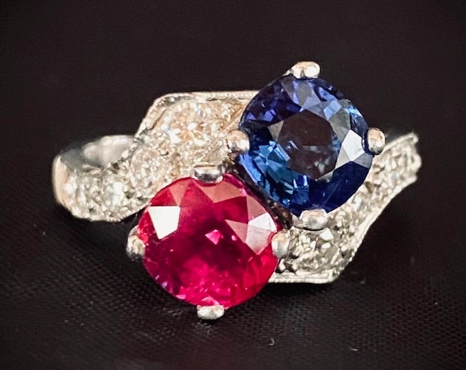 Antique Platinum Diamond Sapphire Ruby Engagement Ring Bailey Banks and Biddle Toi et Moi