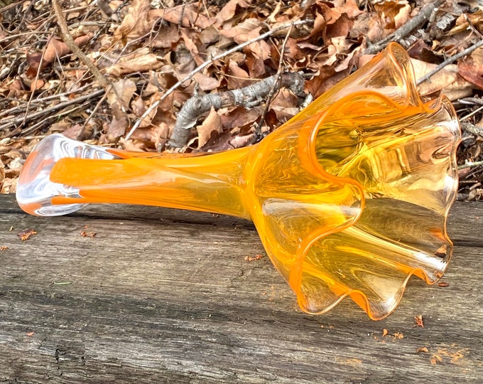 Hand Blown Glass Vase - Transparent Bright Orange Flower Top Bud Vase by Jonathan Winfisky