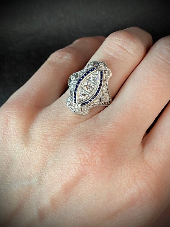 Platinum Diamond Sapphire Engagement Ring Filigre… - image 7