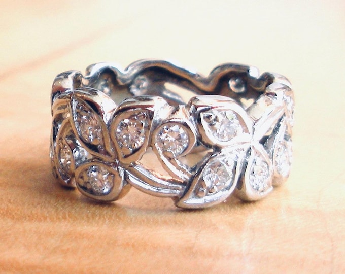 Diamond Platinum Wide Wedding Band - Floral Pattern - Engagement Ring - Eternity Band
