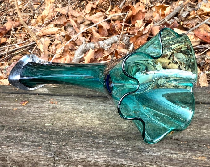 Hand Blown Glass Vase - Transparent Jade Green Flower Top Bud Vase by Jonathan Winfisky