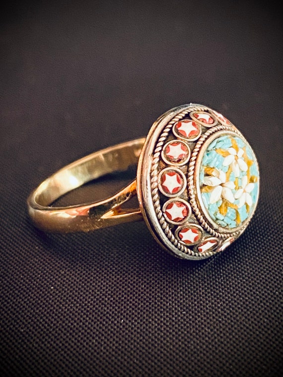 Antique Micro Mosaic Floral Ring 14k Yellow Gold