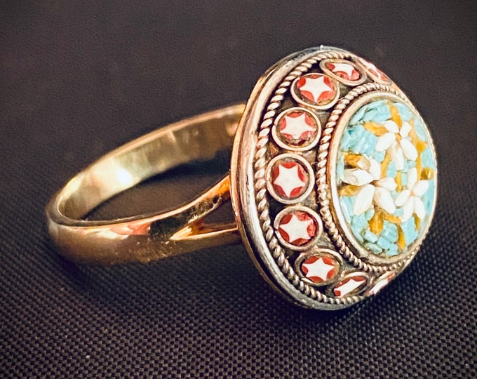 Antique Micro Mosaic Floral Ring 14k Yellow Gold