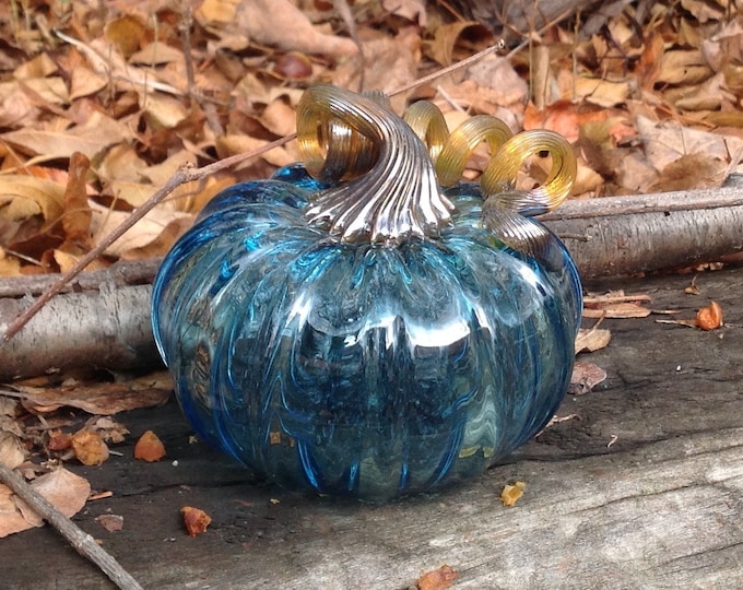 4" Glass Pumpkin by Jonathan Winfisky -Transparent Azure Blue - Hand Blown Glass