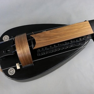 May include: A black hurdy-gurdy with a wooden soundboard and keybox. The instrument features a crank handle, strings, and decorative circular inlays. The body is a rounded, elongated shape. The wood is a light brown color.