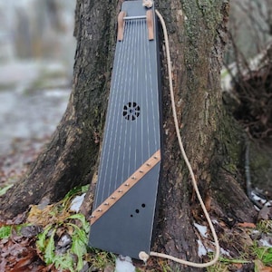 May include: A black, triangular-shaped stringed instrument, possibly a kantele or similar folk instrument, leans against a tree. It features numerous strings, a sound hole, and wooden accents. A rope is attached. The instrument is outdoors.