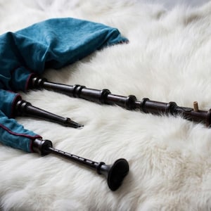 May include: A bagpipe with a teal bag and dark wooden pipes, resting on a white, fluffy surface. The bag is trimmed with red piping. The instrument's design includes a chanter and drones.