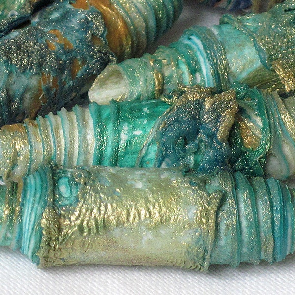 Mixed media textile art beads hand made with Tyvek - aqua, turquoise, sea green, ocean blue, jade, emerald and shimmering gold