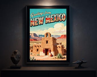 Pôster de viagem do Novo México, lembrança vintage do deserto, arte de parede retrô do sudoeste americano.