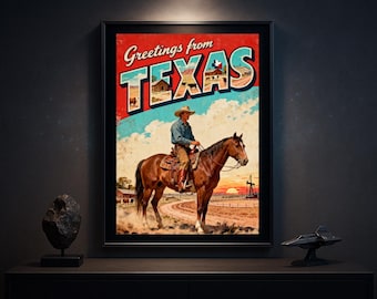 Greetings From Texas Poster Vintage Cowboy Western Reisekunst Americana Wanddekor