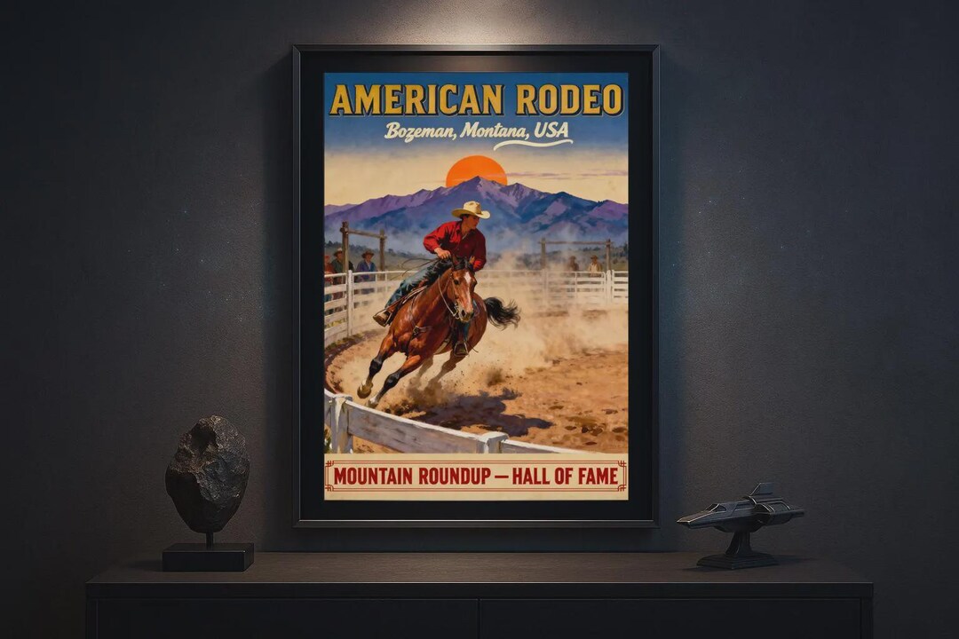 American Rodeo Montana Poster Vintage Western Cowboy Art Bozeman Wall ...