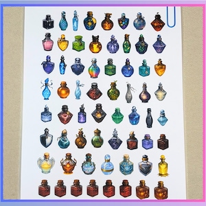 May include: A detailed illustration of numerous potion bottles, each with a unique shape and colour. The bottles contain liquids in shades of blue, green, yellow, and purple. The artwork has a whimsical, fantasy theme, with a variety of bottle designs.