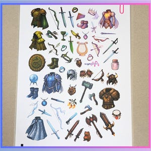 May include: A selection of fantasy-themed illustrations featuring armour, weapons, and accessories. Includes swords, bows, axes, helmets, capes, and decorative items like a lyre, rings, and potions. The artwork is colourful and detailed, with a variety of textures and styles.