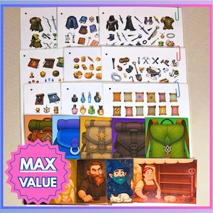Peut inclure: Ensemble de cartes illustrées sur le thème de la fantaisie, avec des armes, des armures, des potions, des parchemins et des sacs à dos. L'image contient le texte "MAX VALUE" dans un éclaté rose.