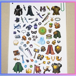 May include: A collection of fantasy-themed illustrations featuring various items such as armor, weapons, cloaks, and accessories. The artwork includes a variety of colors and details, showcasing a range of fantasy elements.
