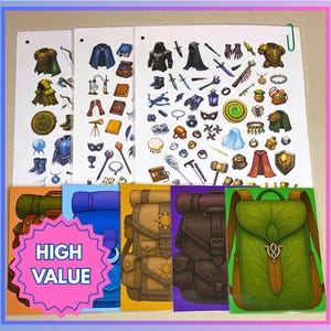 May include: A collection of fantasy-themed stickers and cards. The stickers feature various weapons, armor, and accessories. The cards showcase colorful backpacks with the text "HIGH VALUE" on a pink starburst.