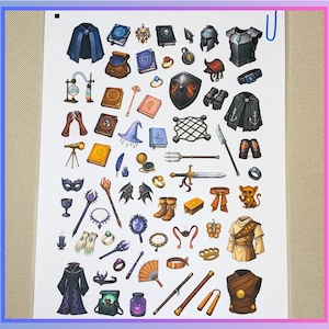 Puede incluir: Una variedad de ilustraciones de temática fantástica, que incluyen capas, libros, armas, armaduras y objetos mágicos. La obra de arte presenta una variedad de colores y diseños detallados, ideal para pegatinas, impresiones o proyectos de arte digital.