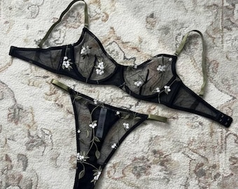 Ensemble Lingerie Transparente Brodée – Soutien-Gorge & Culotte Fleurs – Lingerie Fine Romantique – Cadeau Femme Élégant