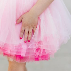 May include: A pink and fuchsia tulle tutu skirt with multiple layers. The skirt is gathered at the waist and has a soft, flowing silhouette.