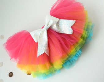 Bright Rainbow Tutu with Bow: Baby Girl First Birthday Prop