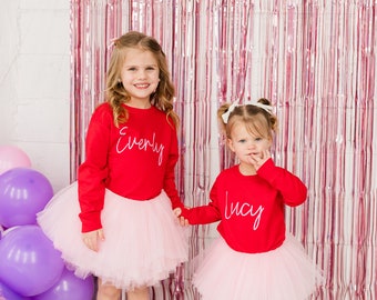 Custom Name Sweatshirt Tutu Outfit, Red Sweatshirt with custom name in Pink print, Custom Name Gift Sweatshirt, Birthday Gift Sweatshirt