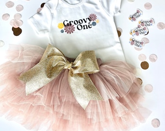 Groovy One Birthday Outfit, First Birthday Shirt and Tutu, Latte Brown Tutu, 70s themed birthday, Groovy Birthday, Toddler Birthday, Groovy