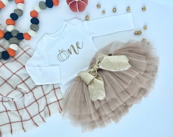 Pumpkin First Birthday Outfit: Gold Bodysuit, Latte Tutu
