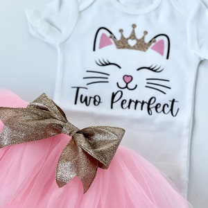 Two Purrrfect Birthday Outfit: Kitty Bodysuit, Pink & Gold Tutu