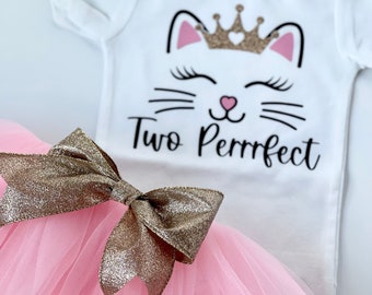 Two Purrrfect Birthday Outfit: Kitty Bodysuit, Pink & Gold Tutu