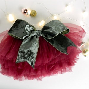 Deep Wine Red Tutu with removable Green Velvet Bow, Christmas Tutu, Toddler Christmas Tutu, New born tutu, Red and Green tutu, Birthday tutu