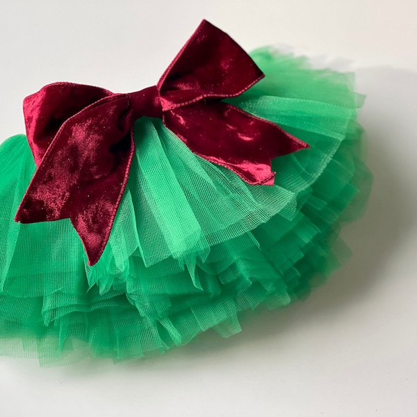 Tutú verde navideño con lazo de terciopelo rojo, tutú verde, tutú rojo y verde, tutú navideño, tutú navideño, tutú verde con lazo rojo extraíble