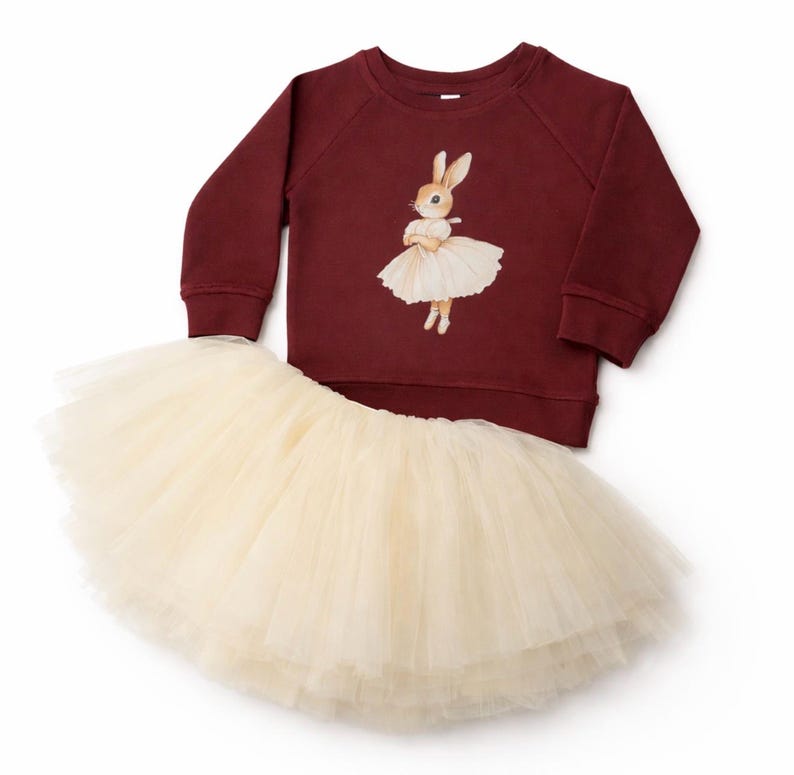 May include: A burgundy sweatshirt and cream-colored tutu skirt set. The sweatshirt features a watercolor illustration of a bunny wearing a tutu. The tutu is made of layered tulle. A children's outfit.