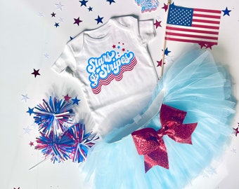 Toddler 4th of July Outfit: Stars & Stripes Shirt, Light Blue Tutu