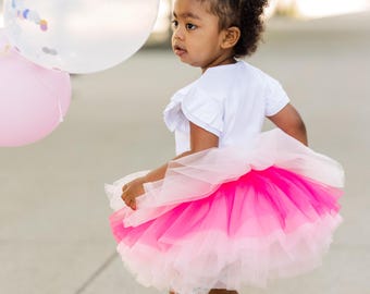 Rosa Tüll-Tutu mit Ombre: Lagenlook-Prinzessinnenrock, Mädchen 9 Monate