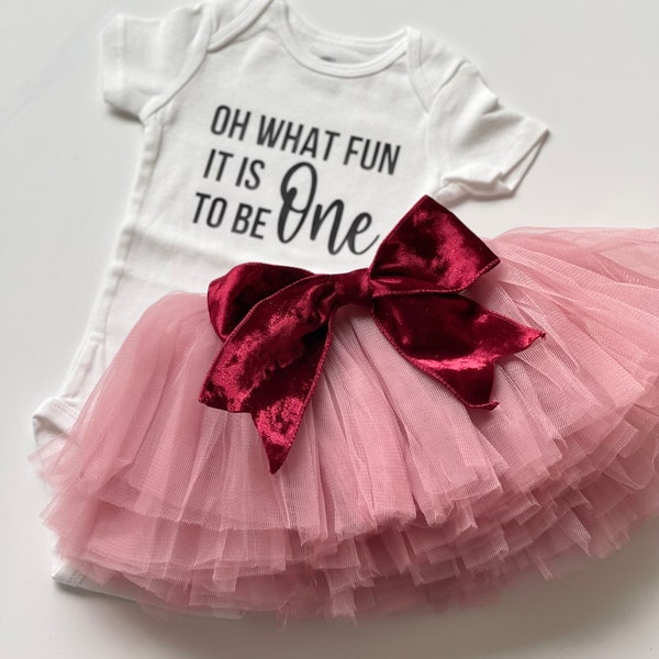 oh what fun it is to be one birthday outfit, christmas birthday theme, birthday shirt with tutu, Mauve tutu, christmas birthday theme,