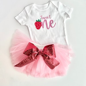 Strawberry First Birthday Outfit: Pink Tutu, Bodysuit & Bow