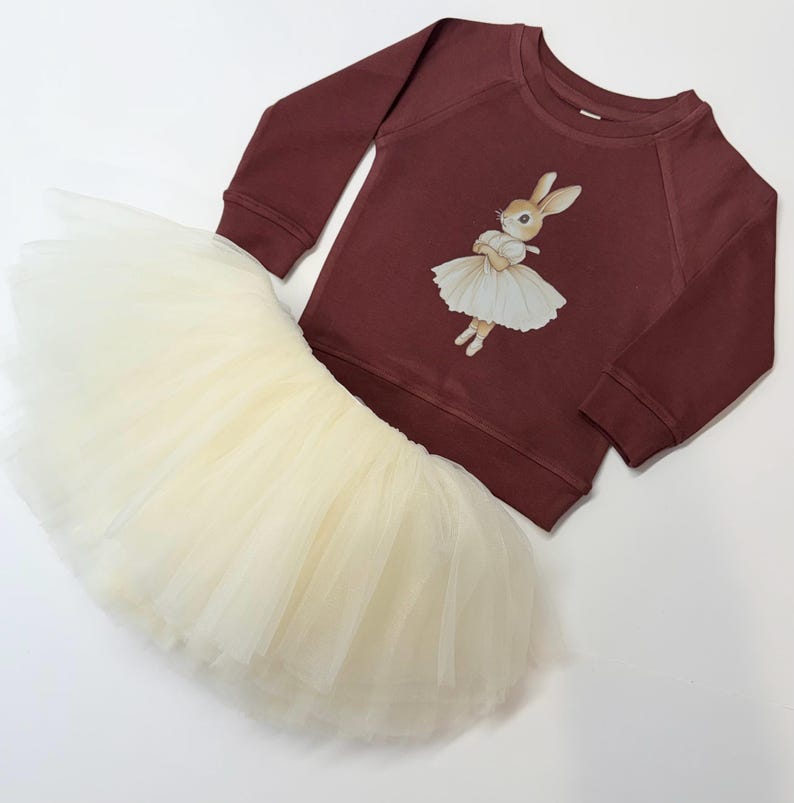 May include: A burgundy long-sleeved sweatshirt and a cream-colored tutu skirt. The sweatshirt features a graphic of a bunny wearing a ballet dress. The tutu is made of layers of soft tulle. The outfit is designed for children.