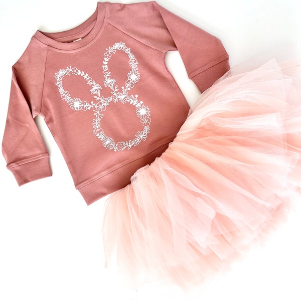 Floral Bunny Organic Cotton Light Weight Sweatshirt with Blush Pink Tutu, Toddler Easter Outfit, Long Sleeve Organic Cotton Shirt with Tutu