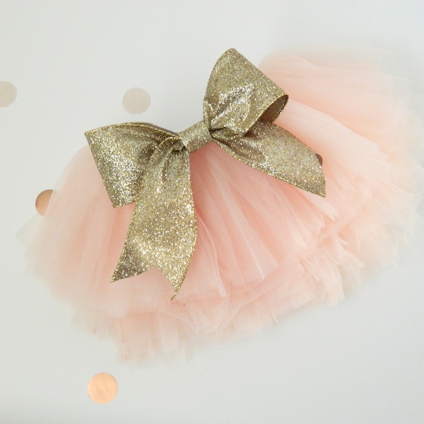 Ready to ship Blush Pink Tutu with Removable Gold Glitter Bow, first birthday tutu, photo shoot, cake smash tutu, birthday outfit tutu