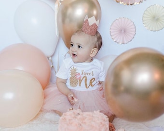 Pineapple Birthday Bodysuit and Blush Pink tutu, Gold Pineapple themed first birthday, toddler birthday, pineapple birthday, tropical