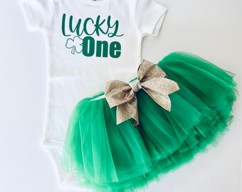 Lucky One Birthday Bodysuit: Green Tutu, Gold Glitter Bow