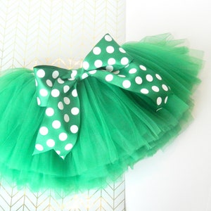 St Patrick&#39;s Day Shamrock Green Tutu with polka dot bow for Little Girl or Toddler Girl, Spring Grass Green Tutu Skirt, Lucky Charm Skirt