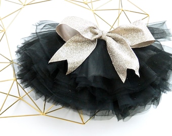 Black tutu with removable gold glitter bow, Birthday Outfit tutu, Christmas holiday birthday tutu, Black tutu with gold bow, Custom tutu