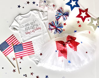 4th of July Birthday Outfit: Stars Tutu, Bodysuit, Red Glitter Bow