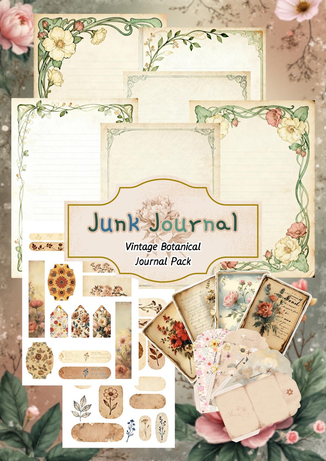Vintage Floral Junk Journal Kit Printable, Botanical Ephemera Pack ...