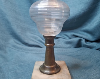 Antique 1850s Whale Oil Lamp Ribbed Glass Font Brass Stem Marble Base Sandwich
